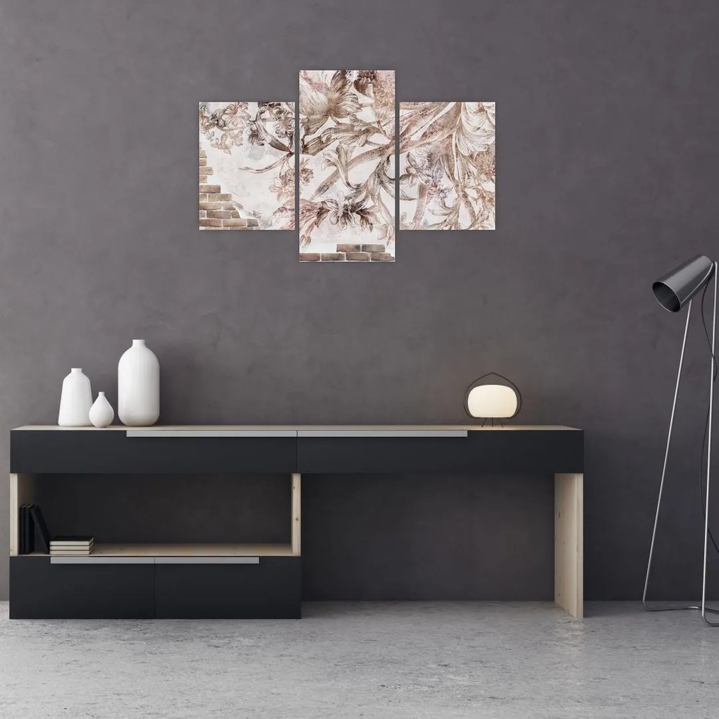 Tablou - Frescă florală pe un perete de cărămidă (90x60 cm)