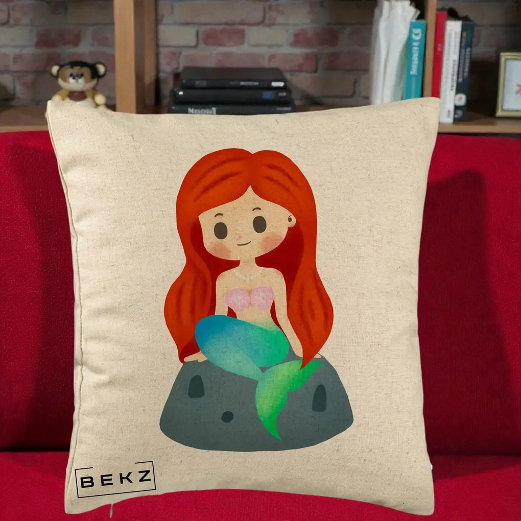 Perna Personalizata Sirena Kawaii Roscat, 40x40 cm, Bej, Husa Detasabila, Perna Inclusa, BEKZ®