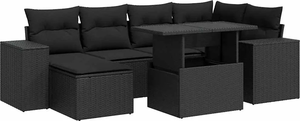 vidaXL Set canapele de grădină cu perne, 7 piese, negru, poliratan