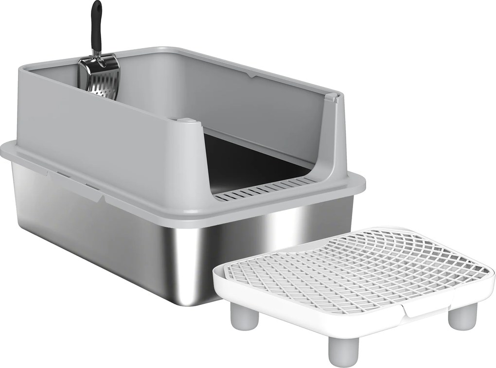 PawHut Tavă XL pentru litieră din oțel inoxidabil, Pereți laterali înalți, Pedală și covoraș filtrant, Lopată, 60,2x40,2x29,6cm, Gri | Aosom Romania