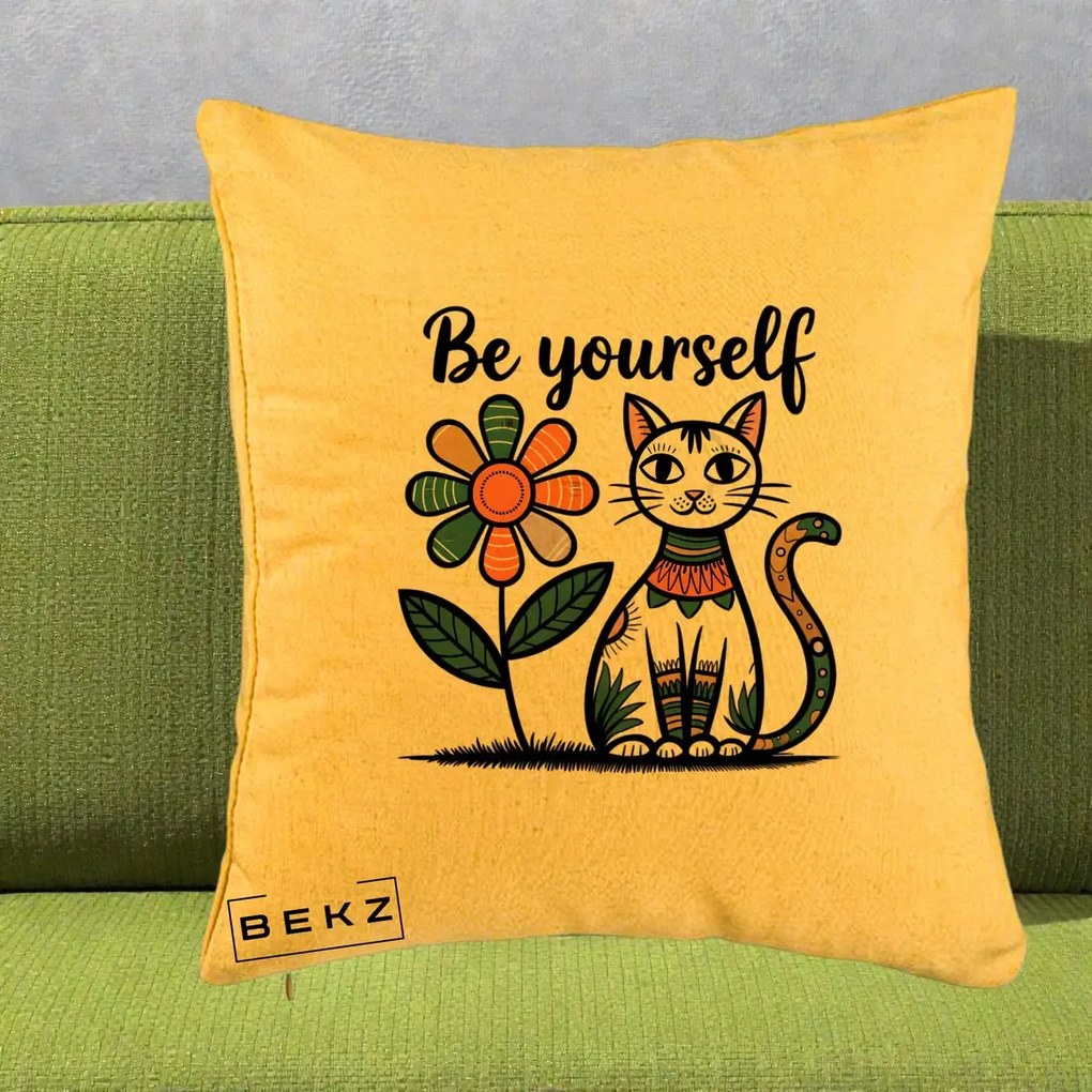 Perna Personalizata Be Yourself Pisica Folk, 40x40 cm, Galben, Husa Detasabila, Perna Inclusa, BEKZ®
