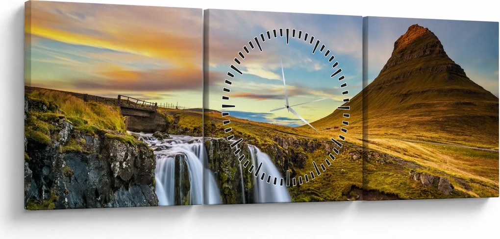 Tablou cu munții și cascade pe Islanda (cu ceas) (90x30 cm)