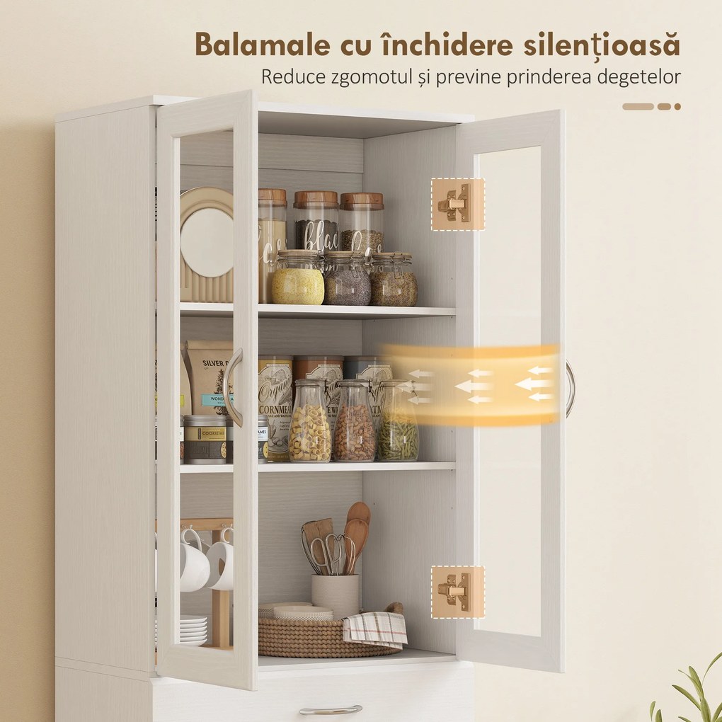 HOMCOM Dulap de Bucătărie Înalt 180 cm cu Uși din Sticlă Soft-Close, Sertar și 2 Dulapuri, Polițe Reglabile, Alb | Aosom Romania