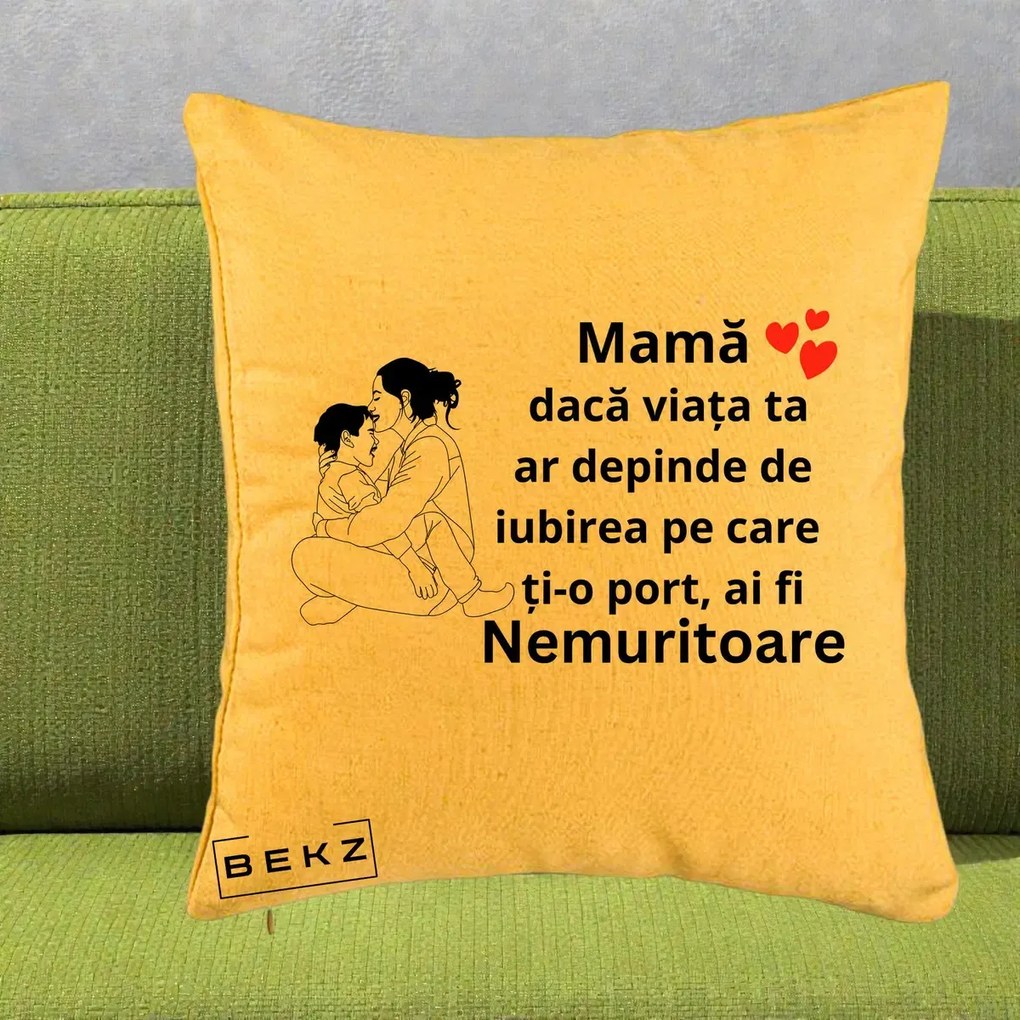 Cadou pentru Mama - Perna Personalizata Mama Nemuritoare Kawaii, 40x40 cm, Galben, Husa Detasabila, Perna Inclusa, BEKZ®