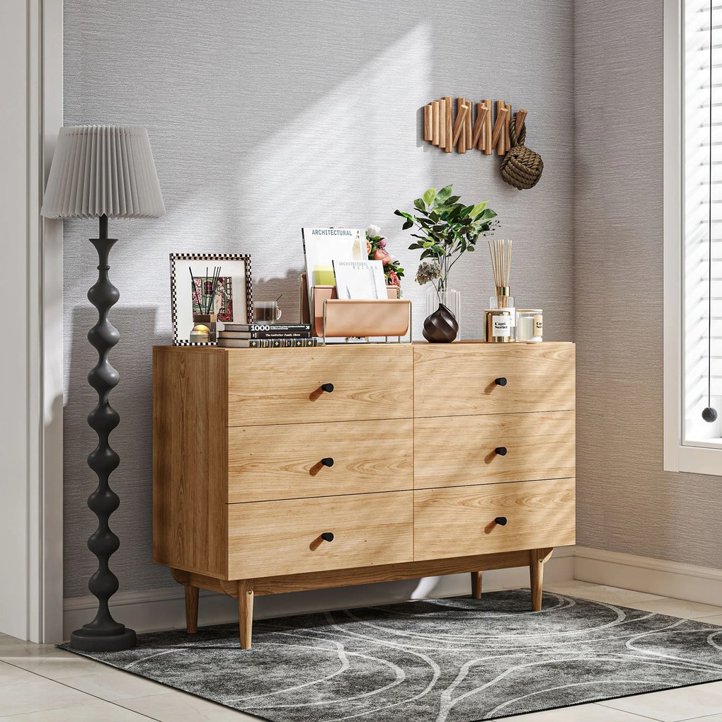 HOMCOM Comodă 6 sertare mobilier de depozitare picioare din lemn masiv 120 x 40 x 80 cm culoare lemn | Aosom Romania