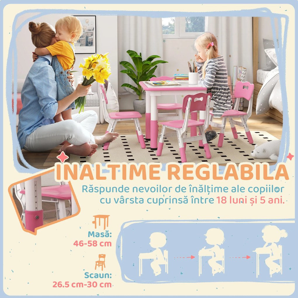 AIYAPLAY Set Masă și Scaune pentru Copii 18-60 Luni cu Înălțime Reglabilă și Tablă de Scris, 60x60x46-58 cm, Roz | Aosom Romania
