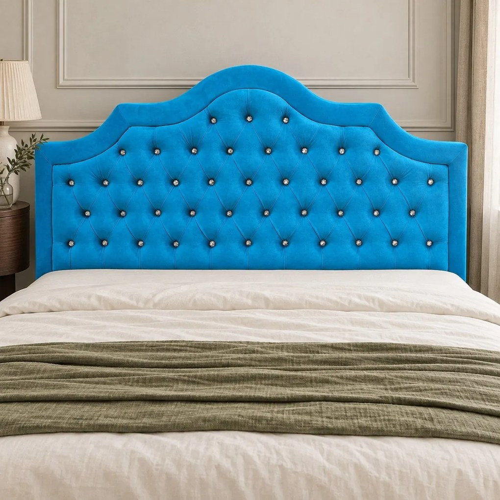 Pat tapițat Chesterfield din catifea Imperio Deluxe 180×200 cm, albastru deschis, cu ladă de depozitare