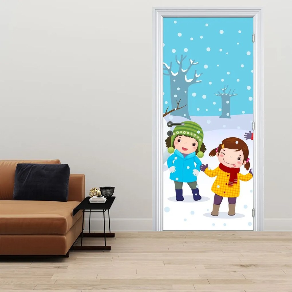 Fototapet pentru ușă - Distracția copiilor iarna (95x205cm)