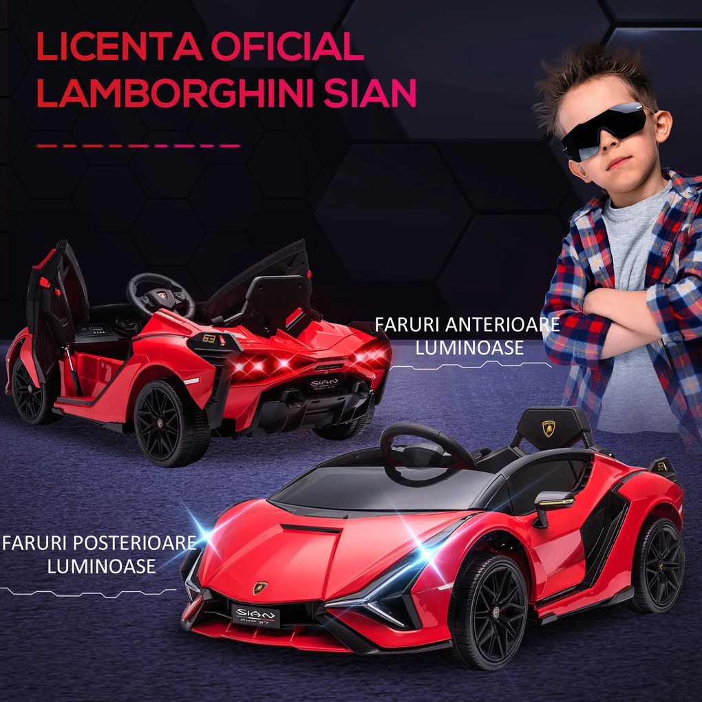 Masina electrica HOMCOM pentru copii 12V Lamborghini, telecomanda, viteza 3-8 km/h, 108x62x40cm, Rosie | Aosom Romania