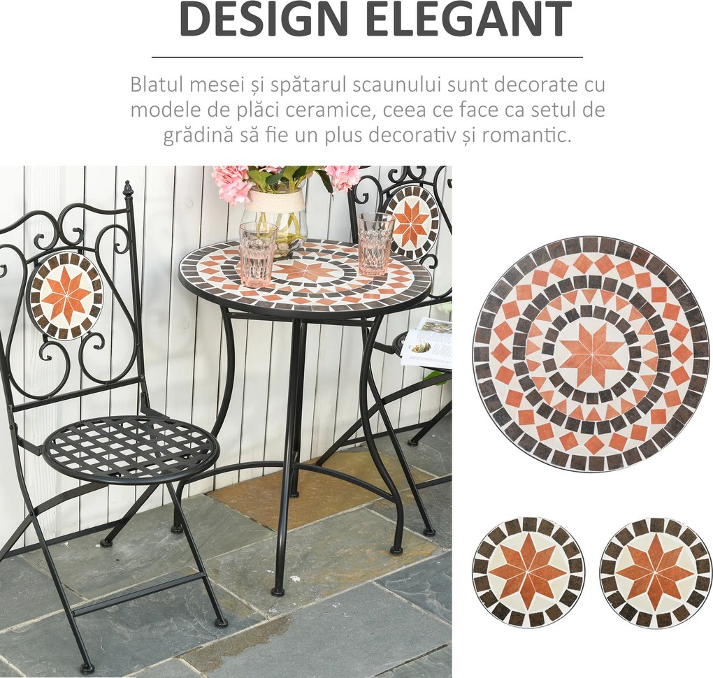 Set de Gradina Outsunny cu 2 Scaune Pliante si 1 Masuta tip Mozaic, Metal si Ceramica | Aosom Romania