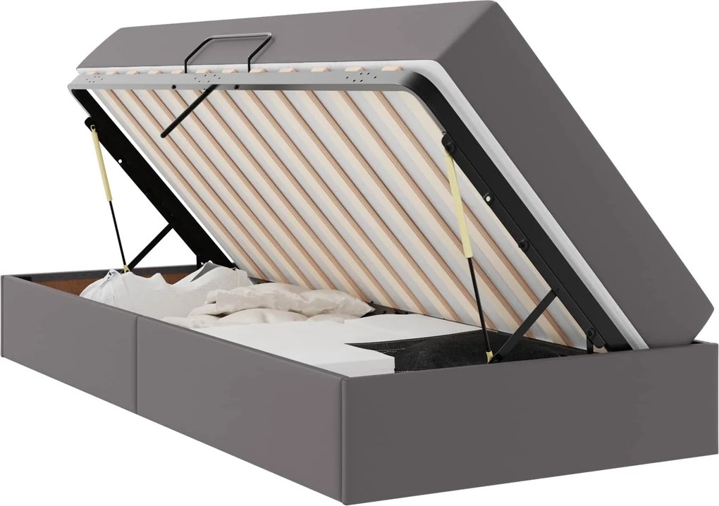 vidaXL Pat cu saltea și spațiu de depozitare cu saltea 2 pcs Gri Piele