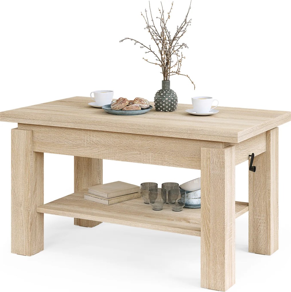 Mazzoni BRAWO Stejar Sonoma - MĂSUȚĂ DE CAFEA CU BLAT EXTENSIBIL ȘI RIDICABIL MASĂ CU RAFT