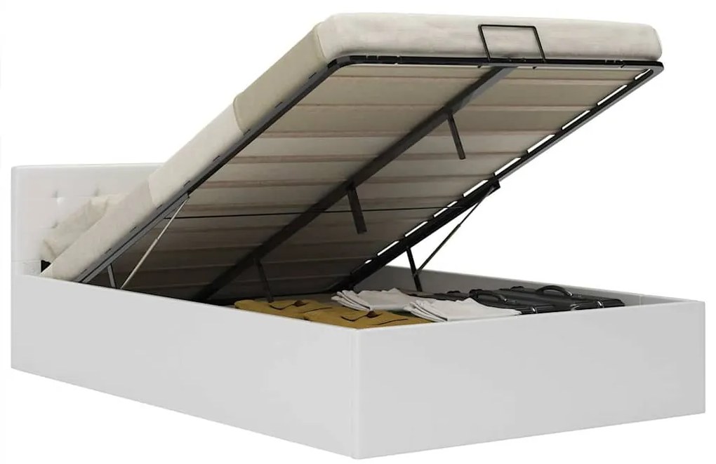 vidaXL Cadru pat hidraulic cu ladă, alb, 120 x 200 cm, piele ecologică