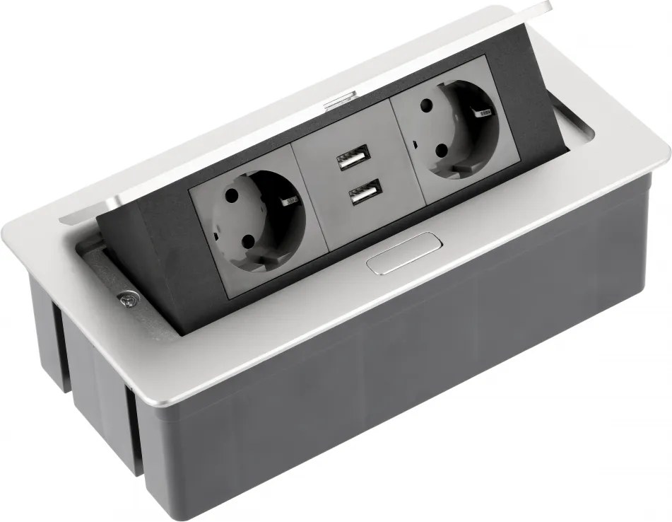 Priză încorporabilă în blat Soft GTV, din oțel, 2 prize Schuko, 2 x USB A, aluminiu, 240 x 120 mm Oțel, Aluminiu, L:240 mm; l:120 mm; H:73 mm