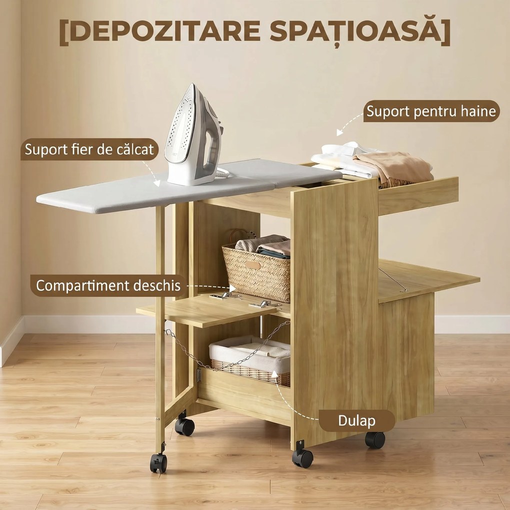 HOMCOM Dulap Masă de Călcat Rabatabilă cu Roți și Suport pentru Fier de Călcat, Dulap Multifuncțional cu Rafturi, Compartiment Deschis, pentru Spălătorie, Baie, 154x55x87 cm, Lemn Natural | Aosom Romania