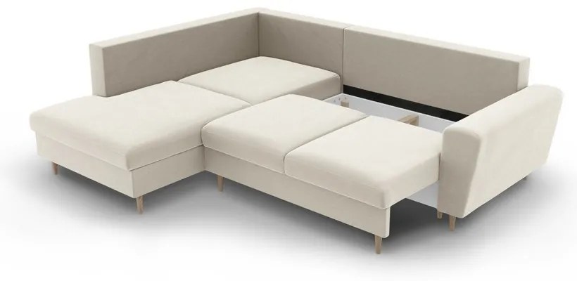 Colțar bej extensibil, cu spațiu de depozitare cu tapițerie din catifea (cu colț pe partea stângă-în formă de ”L”) Kyoto – Cosmopolitan Design