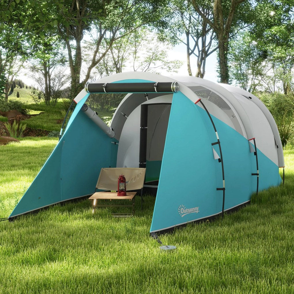 Outsunny Cort de camping familial pentru 4-5 persoane, cort tip tunel impermeabil, 2 uși ferestre, ventilat 4,6 x 2,6 x 1,9 m, albastru | Aosom Romania
