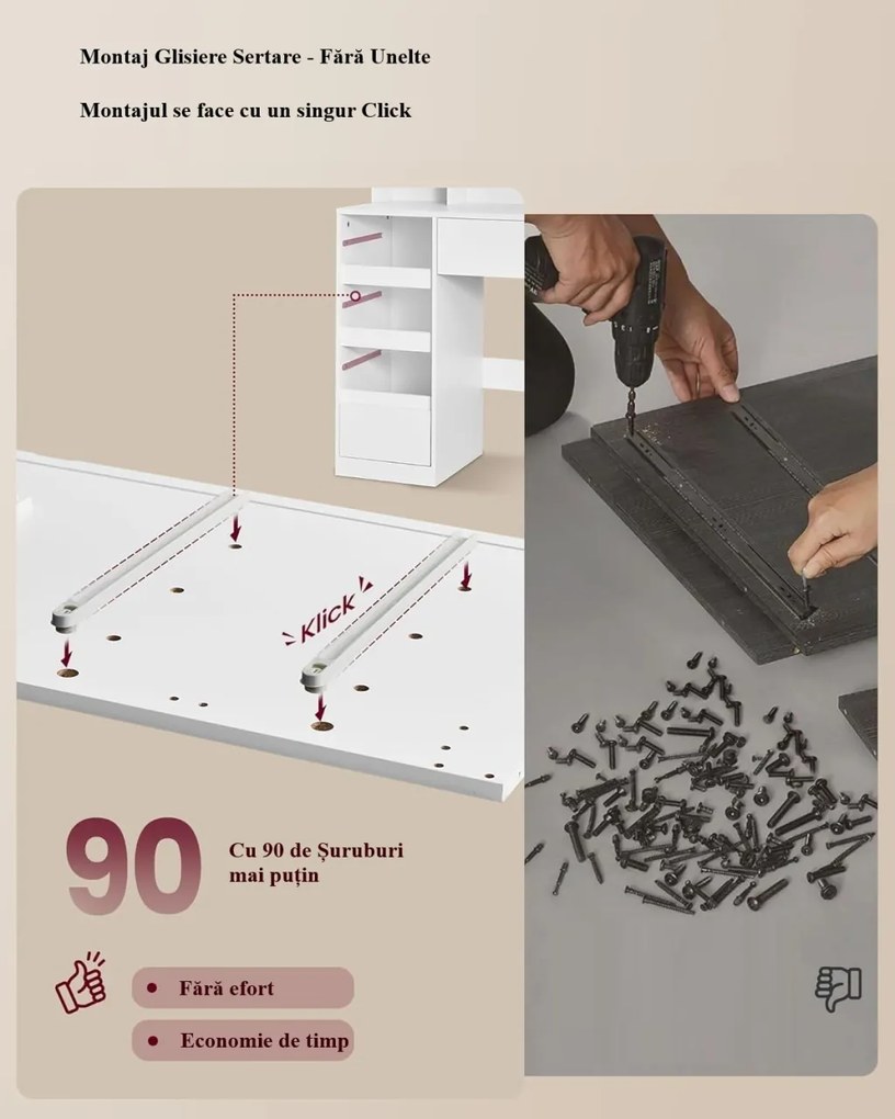 SEA822 - Set Masa toaleta 110 cm, 9 Sertare, Oglinda cu LED, Priza, USB si USB-C, masuta vanity, make-up cu Organizator Bijuterii - Alb