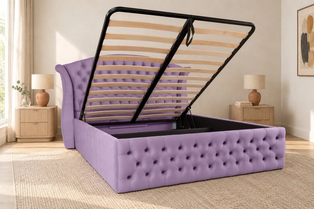 Pat tapițat Chesterfield din catifea Sorella Simple 160×200 cm, lila, cu ladă de depozitare