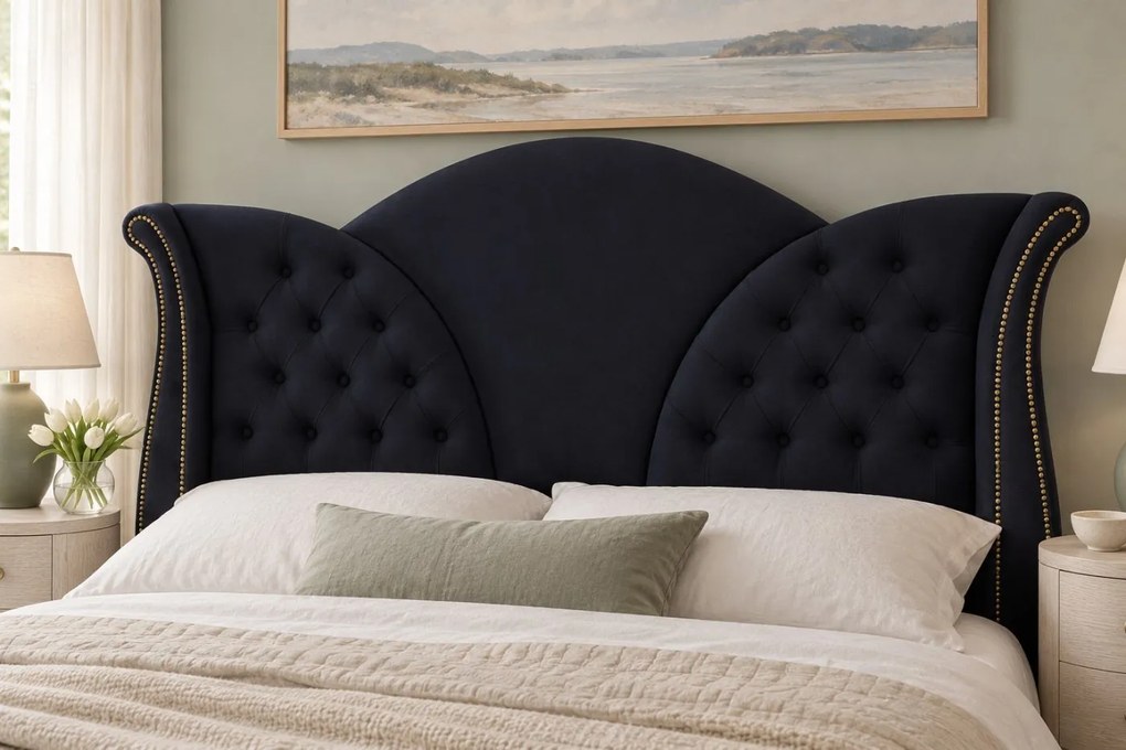 Pat tapițat Chesterfield din catifea Velora 180×200 cm, negru, cu ladă de depozitare