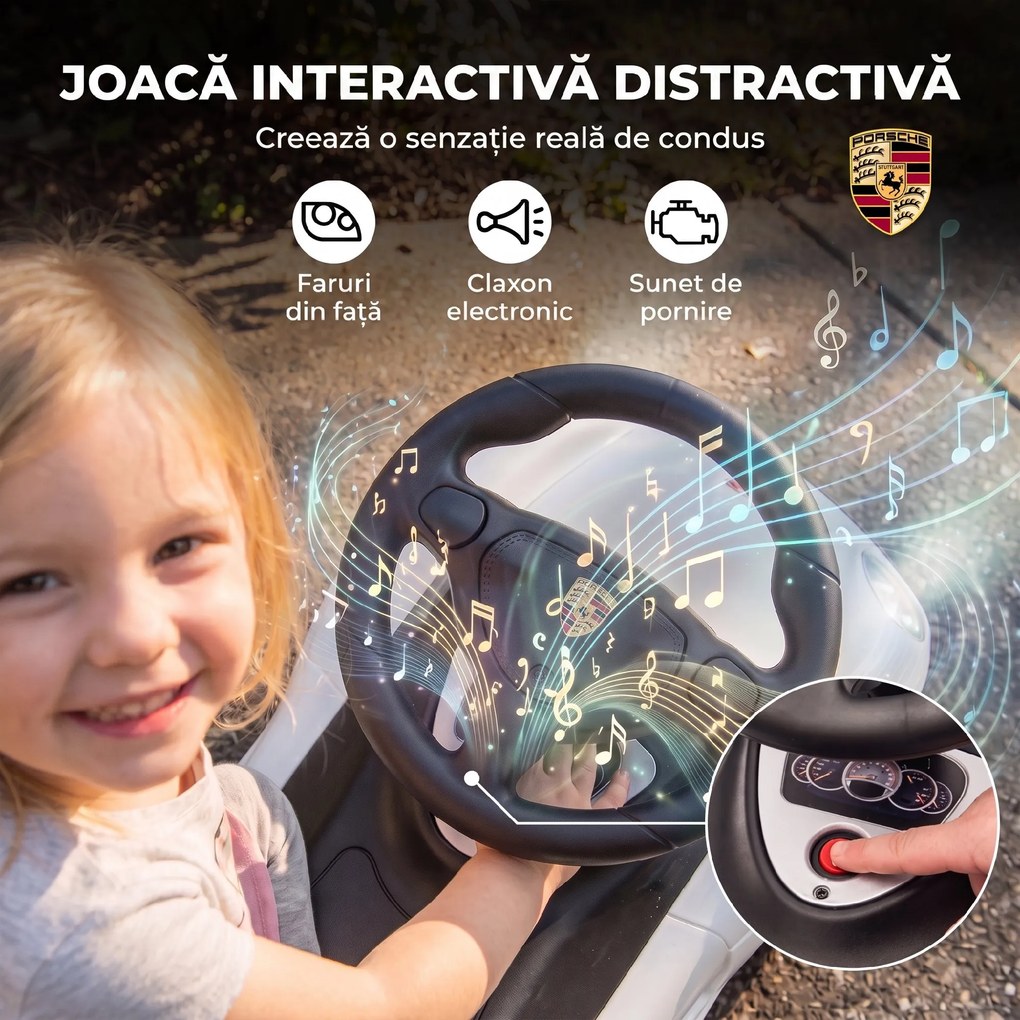 AIYAPLAY Mașinuță de Împins pentru Copii cu Licență Porsche, Claxon, Faruri și Sunet de Pornire, PP, Alb | Aosom Romania