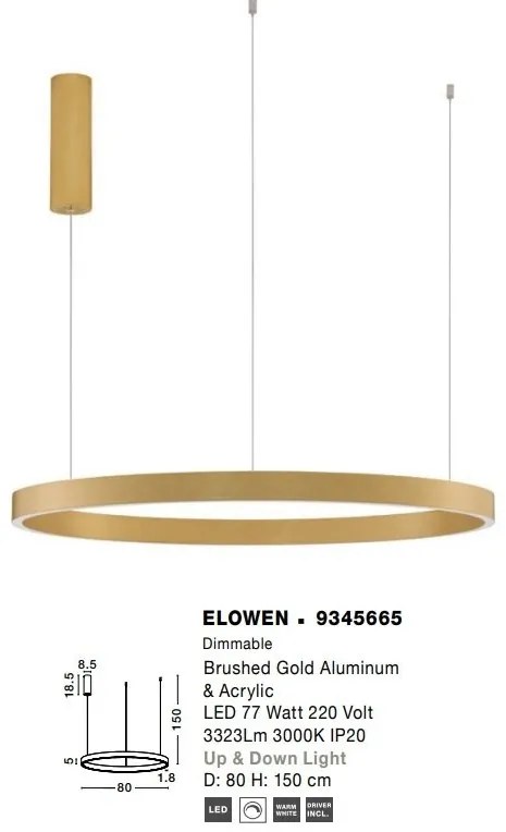 Lustra LED design circular cu iluminat sus si jos ELOWEN auriu, diametru 80cm