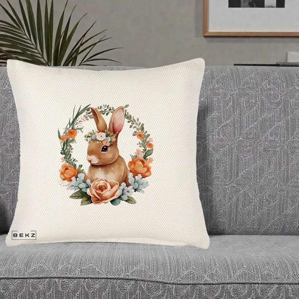Perna Decorativa Iepuras Floral Coronita Acuarela, 40x40 cm, Crem Reliefat, Husa Detasabila, Perna Inclusa, BEKZ®