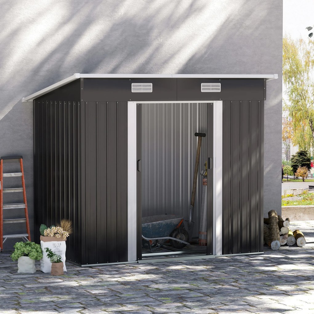 Outsunny Şopron din metal 2,3 m² 207 x 130 x 182 cm șopron cu acoperiş în pantă fereastră cadru pentru pardoseală negru | Aosom Romania