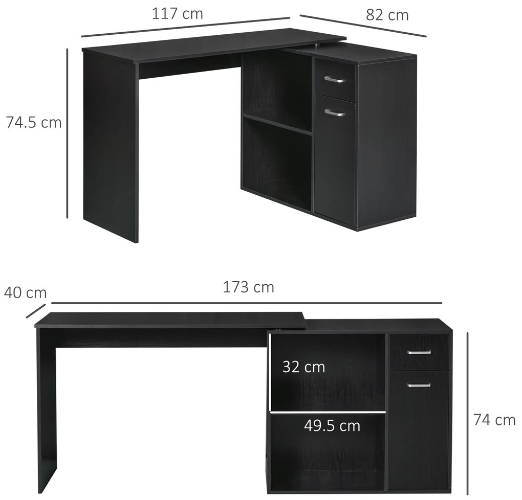 HOMCOM Birou de Colț pentru Studiu cu 2 Sertare și 2 Rafturi, Birou Modern din Lemn, 117x82x74 cm, Negru | Aosom Romania