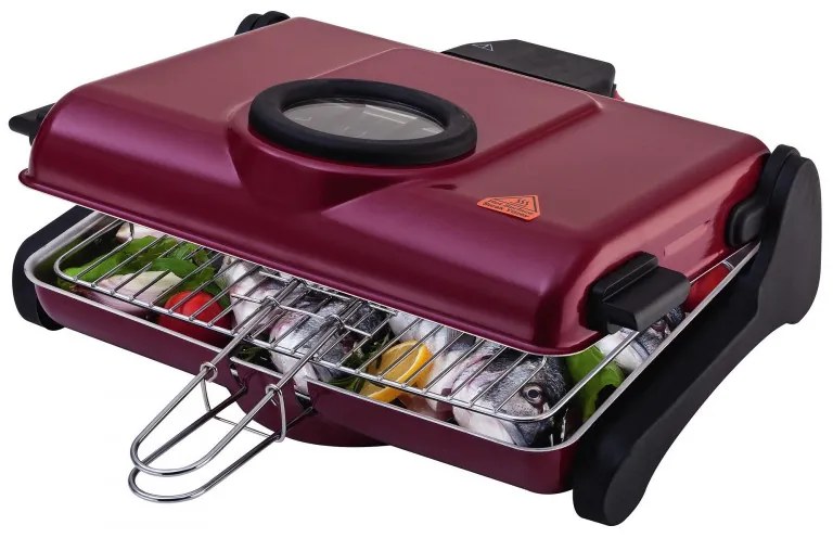 Gratar fara fum Crown CEG12W Grill, 1200W, Suprafata de gatit 34x25, Fereastra de vizualizare, Bordeaux