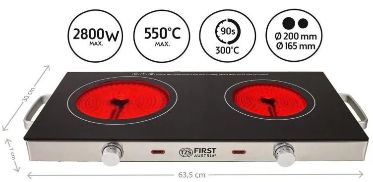 Plită dubla cu infrarosu FIRST FA-5096-7, 2800W, Pana la 300°C, Termostat, Sticla ceramica, Negru/Inox