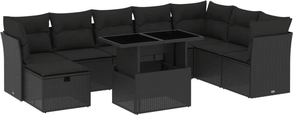 vidaXL Set mobilier de grădină cu perne, 9 piese, negru, poliratan