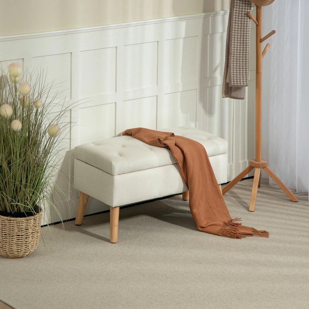 HOMCOM Taburet cu Depozitare In Catifea Picioare In Lemn Di Cauciuc 80x35x42 cm Crem | Aosom Romania