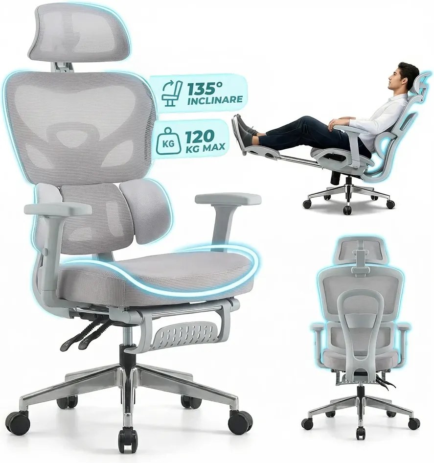 RESIGILAT- Scaun ergonomic, Suport Lombar 3 Zone Dinamice, Spătar ajustabil pe inaltime, cotiere 3D, tetiera 3D, suport pentru picioare, umeras, pivotant, Mesh, Gri