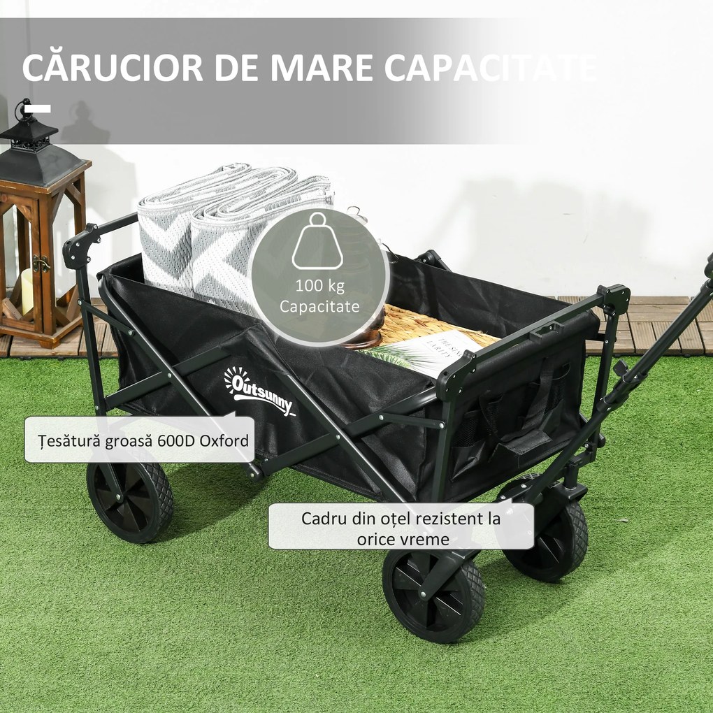 Outsunny Cărucior Pliabil de Exterior cu Copertină Detașabilă, Rezistent pentru Grădină și Camping, cu Maner Telescopic | Aosom Romania