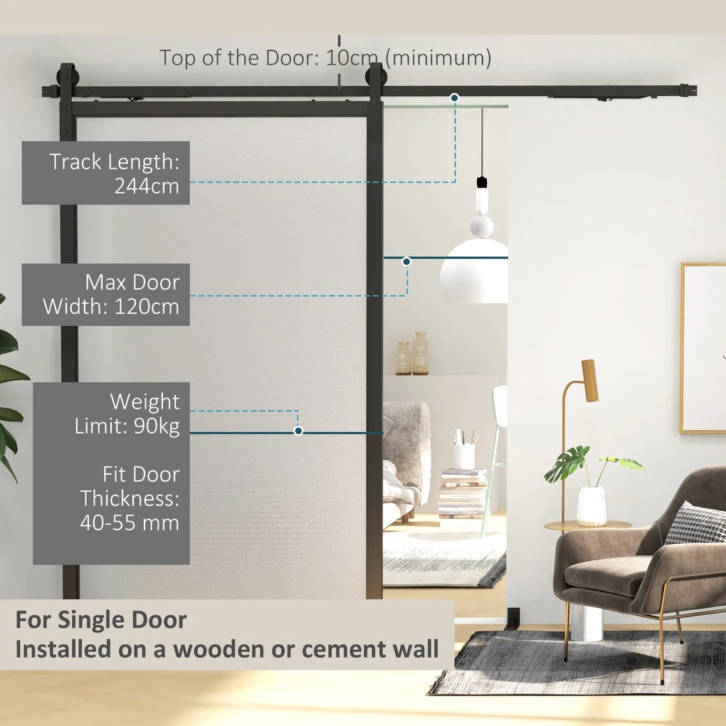 HOMCOM Kit pentru Ușă Glisantă cu Instalare fără Perforare pentru o Singură Ușă, Kit Modern pentru Ușă Glisantă, 244x0.5x4 cm, Negru | Aosom Romania