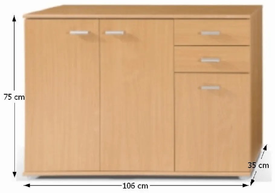 Comoda 3 usi si 2 sertare, fag, 106x75x35 cm, pentru living ,hol, birou dormitor