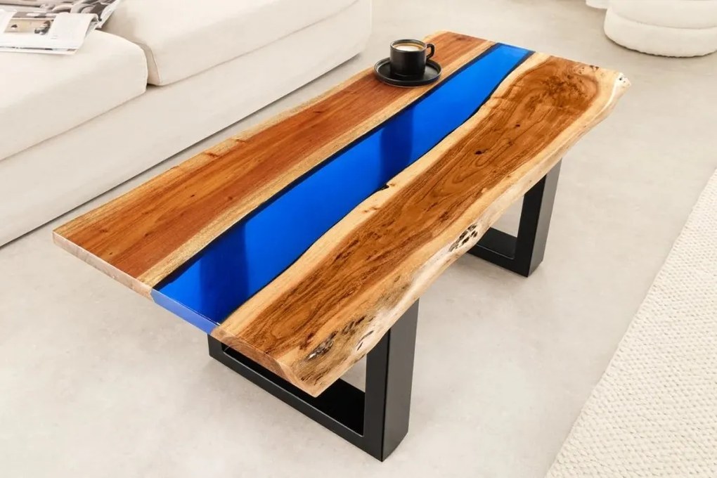 Masuta din lemn de salcam cu rasina epoxidica albastra LIQUID 110cm