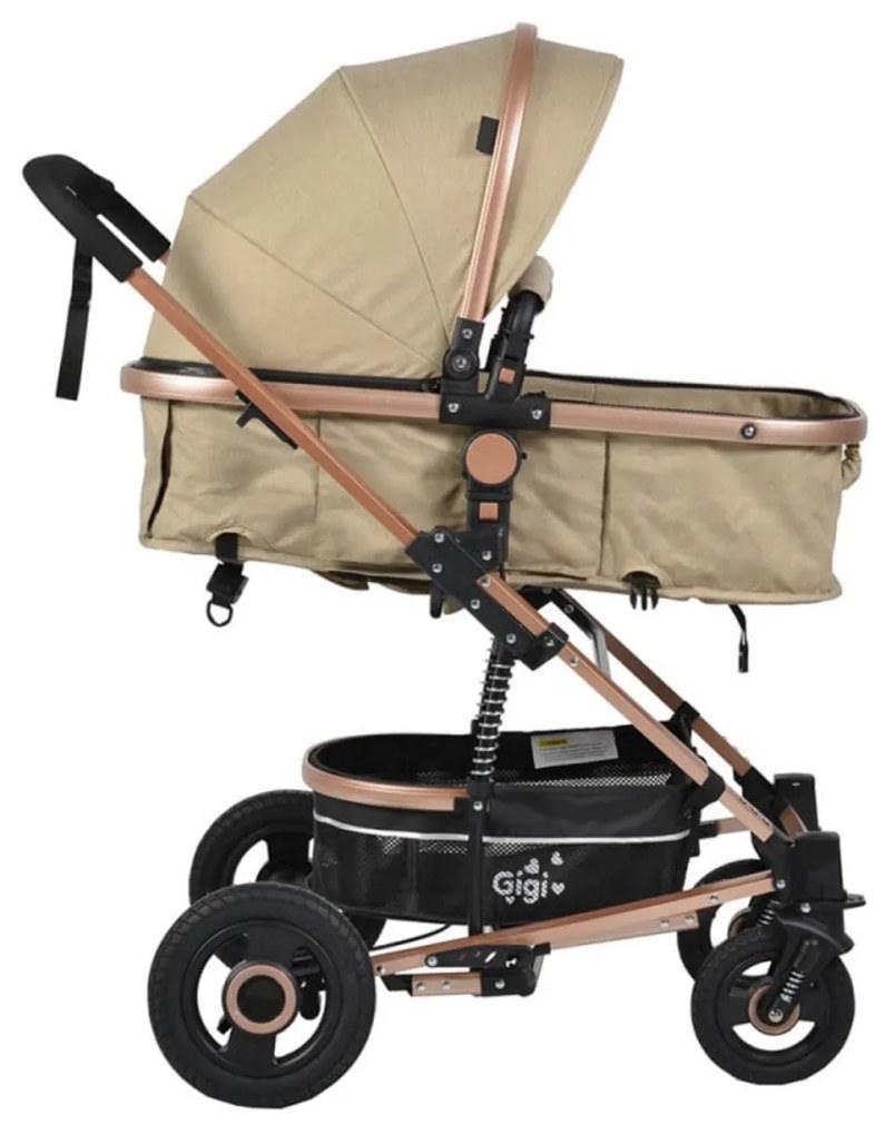 Carucior nou nascuti 2 in 1 NOVOKIDS™ GIGI PRO , Cu geanta bebe inclusa, Roti din cauciuc plin AVE, Cadru aluminiu Gold, Maner reversibil, Spatar