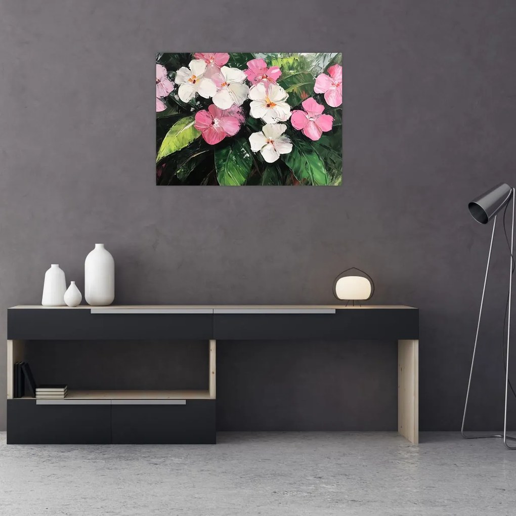 Tablou pe sticlă - Flori roz și albe (70x50 cm)