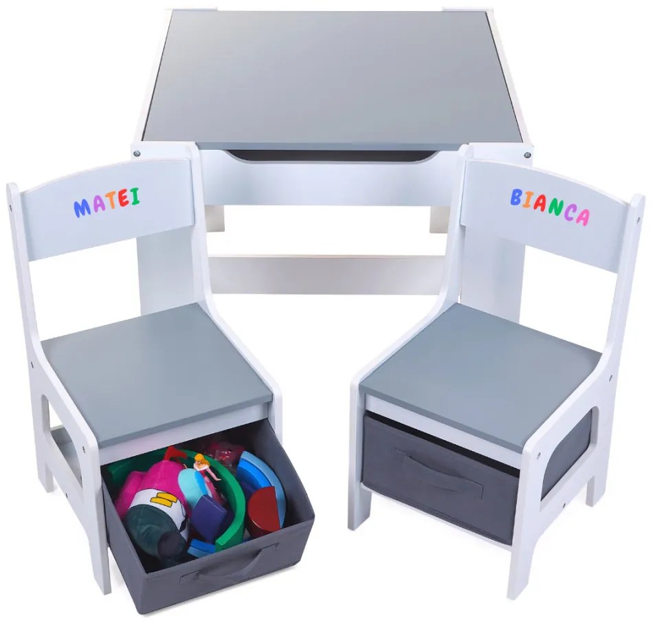 Set Masuta cu scaune pentru copii din Lemn Mdf 3 in 1, Tabla De Scris, Desenat, Colorat, Depozitare, Varsta 3-6 Ani, Alb cu Gri