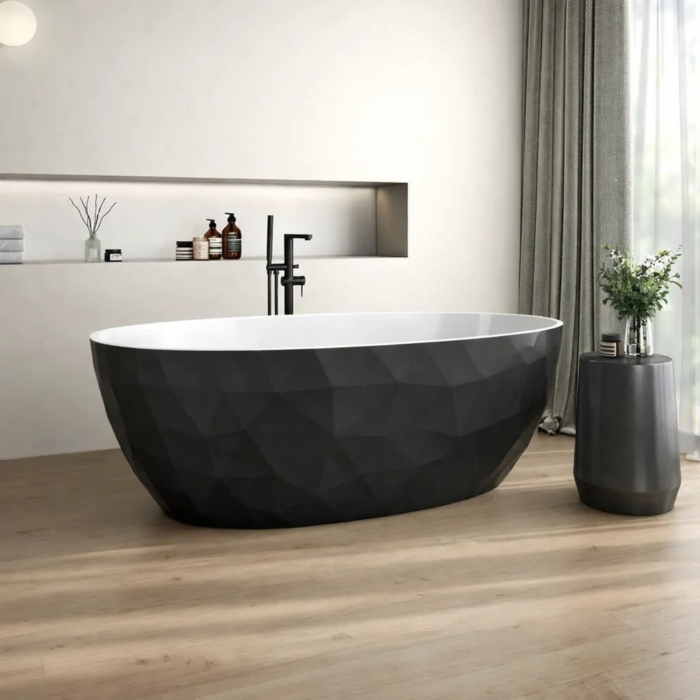 Cada freestanding compozit, negru cu alb, forme 3D, ovala 167 x 82 cm, Foglia Ovale Negru/Alb