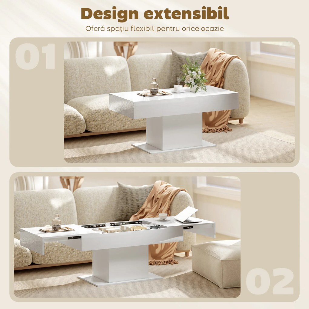 HOMCOM Măsuță de Cafea Extensibilă cu Compartiment, Măsuță de Sufragerie Modernă cu Picioare Antiderapante, Măsuță de Living pentru Acasă Birou, 108-178,5x53x49 cm, Alb Lucios | Aosom Romania