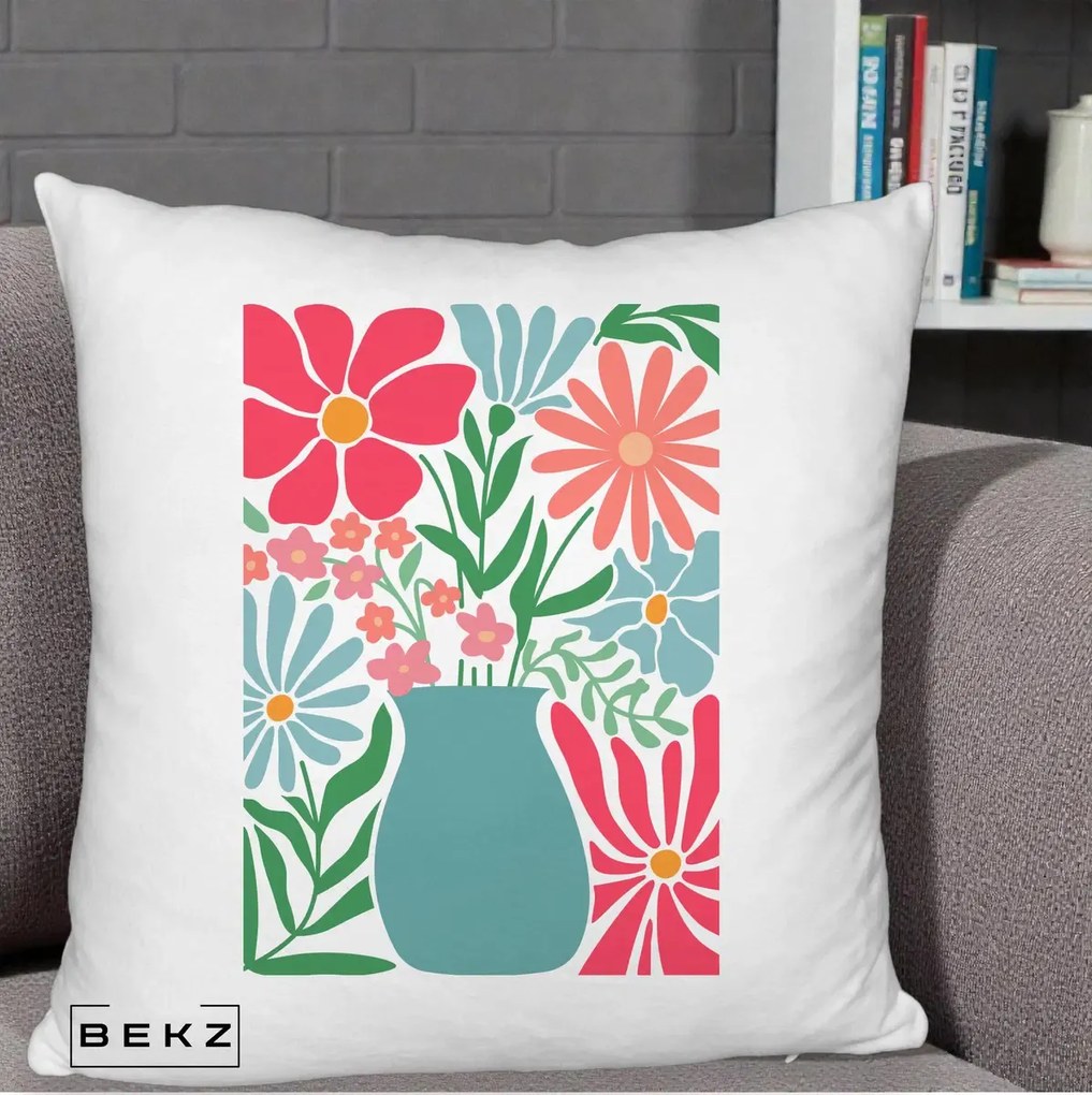 Perna Decorativa Flori in Vaza Turcoaz, 40x40 cm, Alb Pufos, Husa Detasabila, Perna Inclusa, BEKZ®