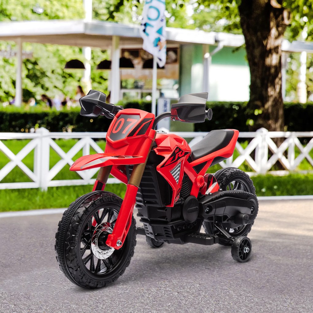 AIYAPLAY Motocicletă Electrică pentru Copii 3-8 Ani, 2 Motoare 12V, Roți Ajutătoare și Claxon, 3 Km/h, 30 Kg, Roșu | Aosom Romania