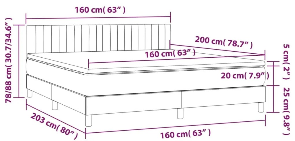 Pat cu arcuri, saltea si LED, maro inchis, 160x200 cm, textil Maro inchis, 160 x 200 cm, Benzi verticale