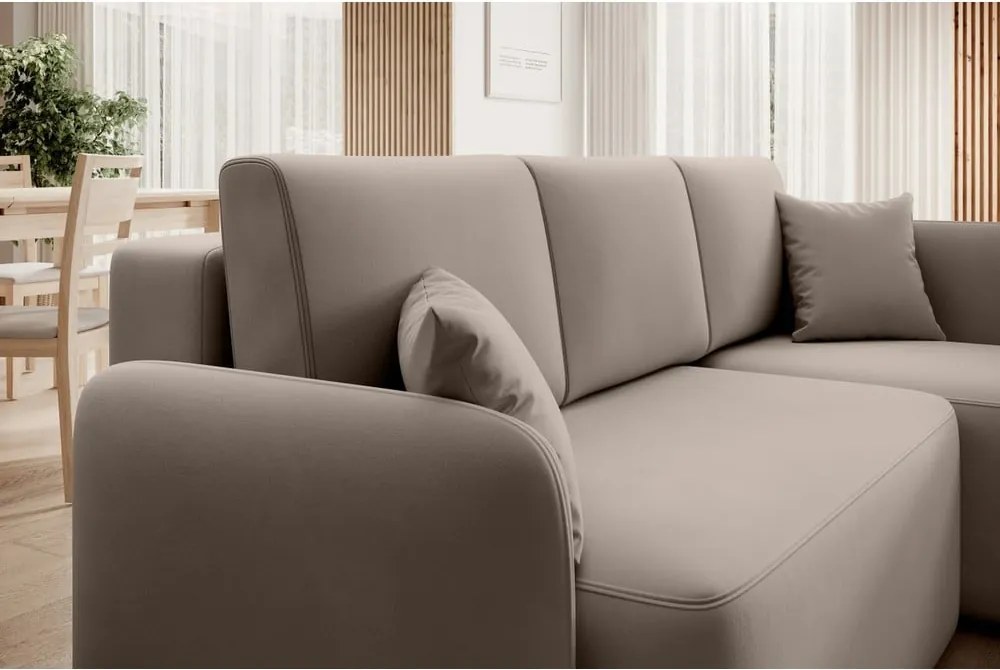 Colțar bej extensibil/cu spațiu de depozitare cu tapițerie din catifea (cu colț pe partea dreaptă/cu șezlong) Hadson – ELTAP