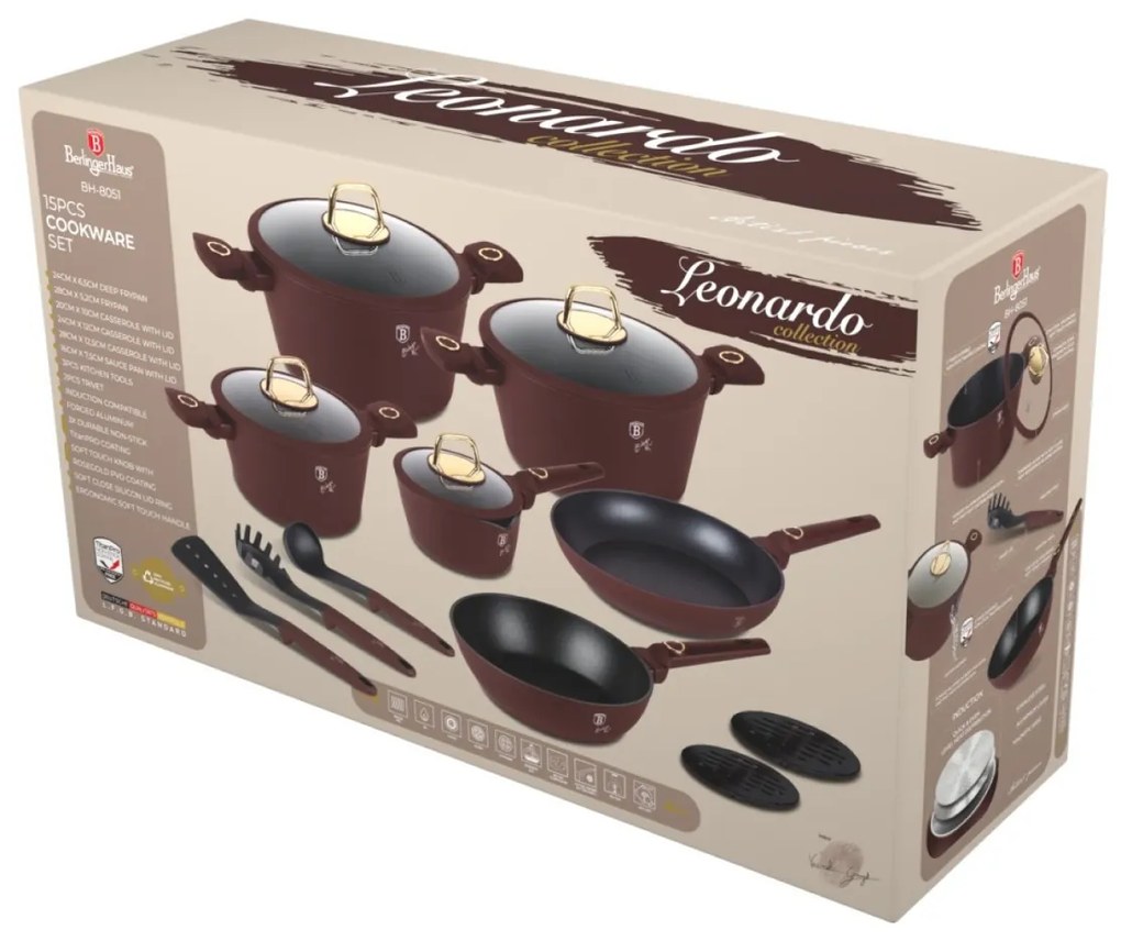 Set de oale si tigai cu capace, 15 piese Leonardo Collection Berlinger Haus BH 8051, antiaderente, strat titan, visiniu mat, inductie, design