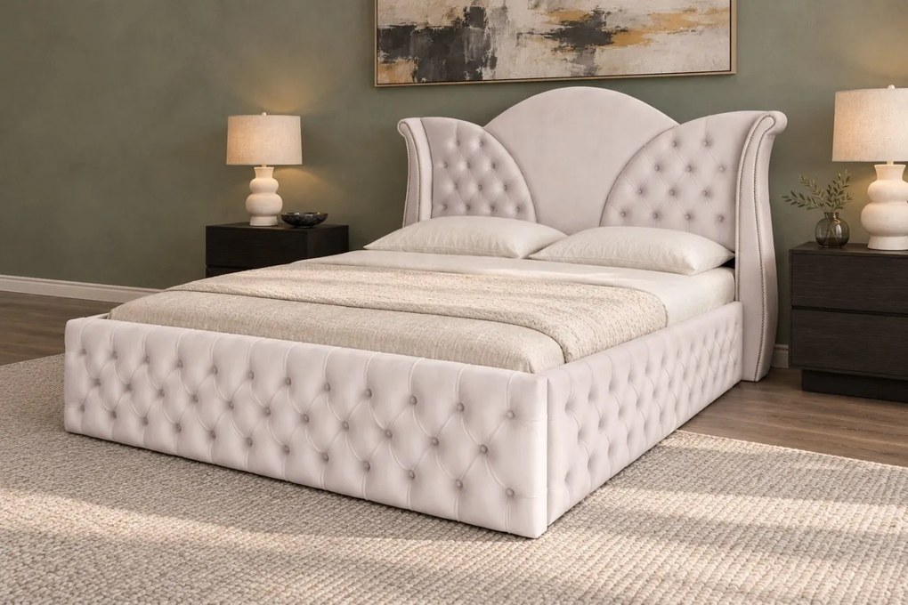 Pat tapițat Chesterfield din catifea Velora Deluxe Classic 180×200 cm, crem, cu ladă de depozitare