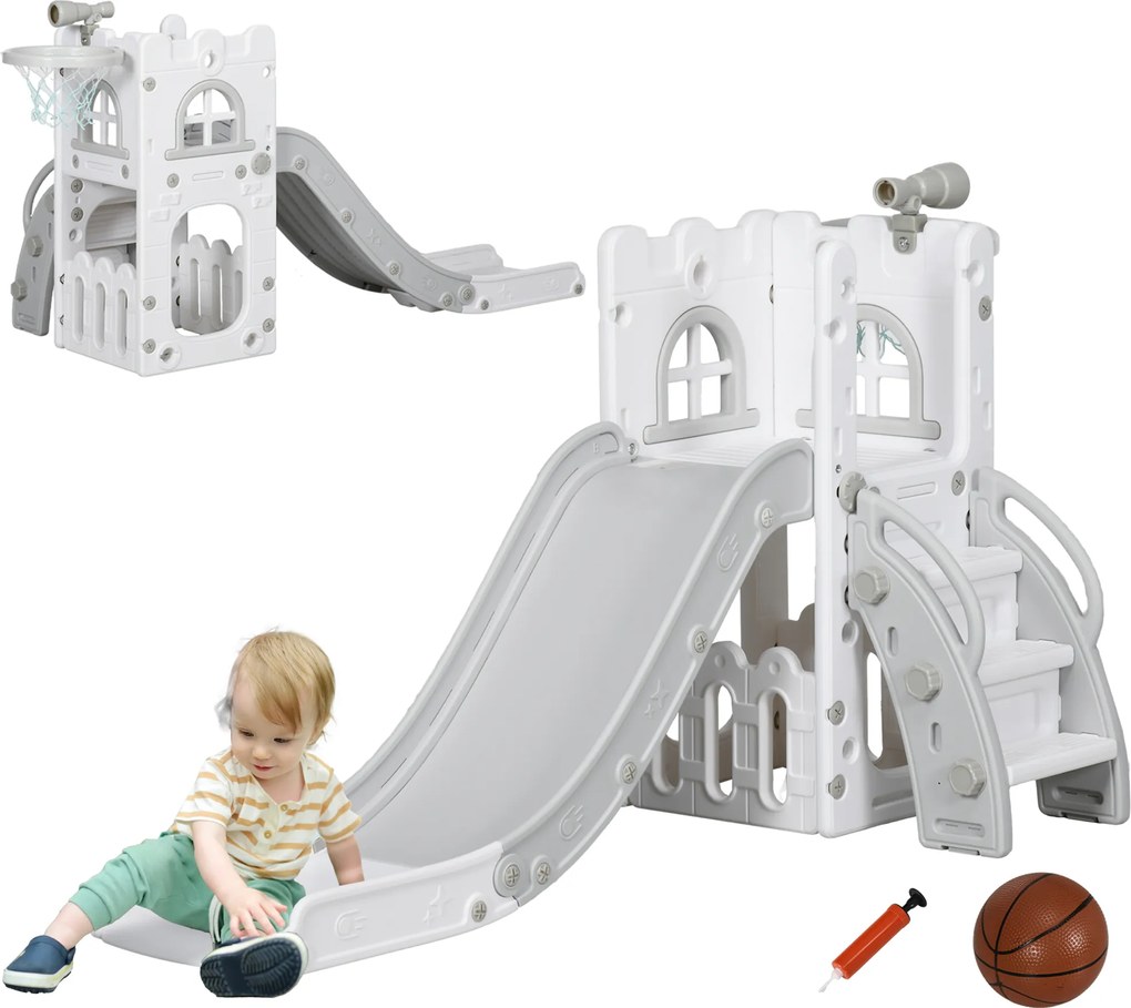 AIYAPLAY Tobogan pentru copii, 5-în-1, tobogan pentru copii mici cu coș de baschet, telescop, ansamblu de cățărat Gri 70 x 177 x 92 cm | Aosom Romania